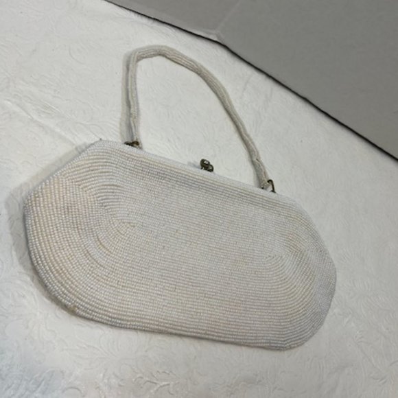 VTG Handmade White Pearl Beads Floral Pattern Kiss Lock Evening Purse Handbag - Picture 2 of 12